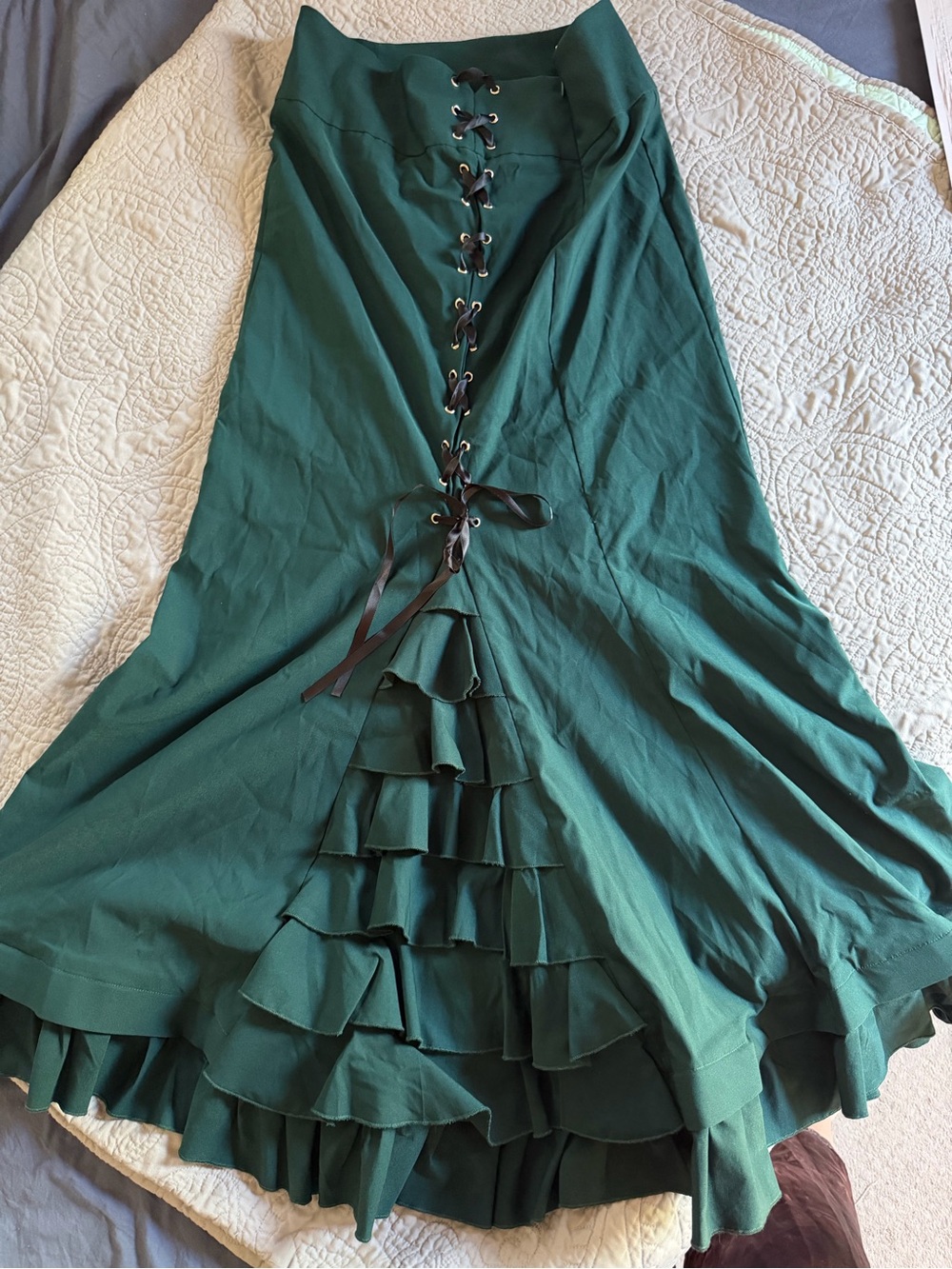 Belle Poque Green Victorian Ruffled Lace-Up Maxi Skirt- alt, goth, - Picture 2 of 8